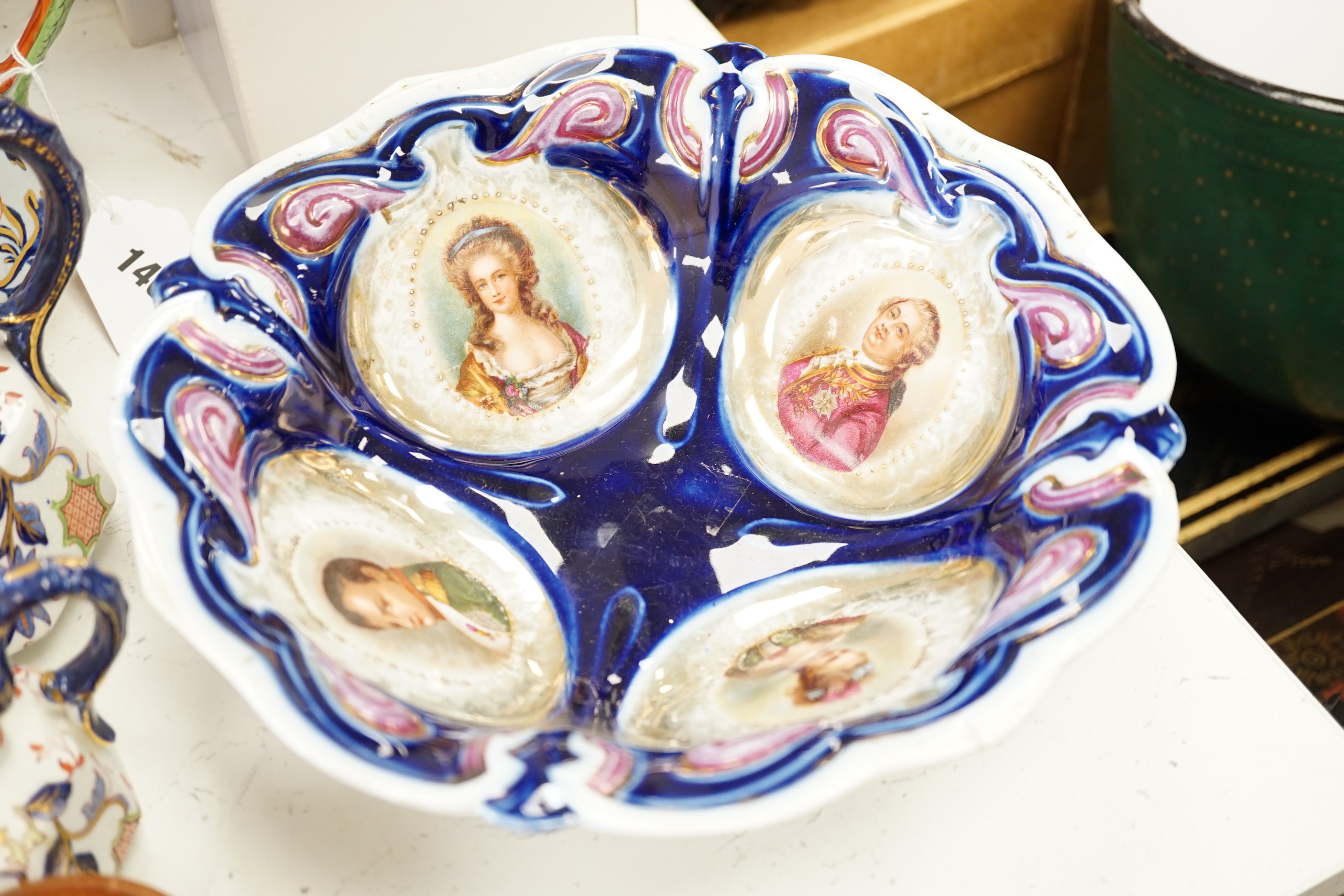 Two boxed Lladro figures and mixed ceramics including a Davenport hydra jug, Keeling & Co hydra jug, Wallendorfer lidded tureen with pierced edge, Ironstone plate, etc (12)